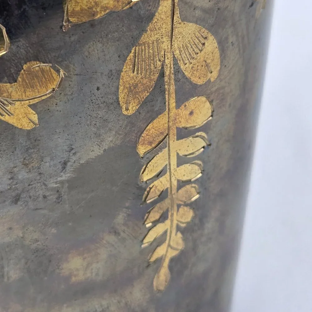 Brass Etched Floral Vase Gold Flowers Vines Leaves Vintage Decor Decoration